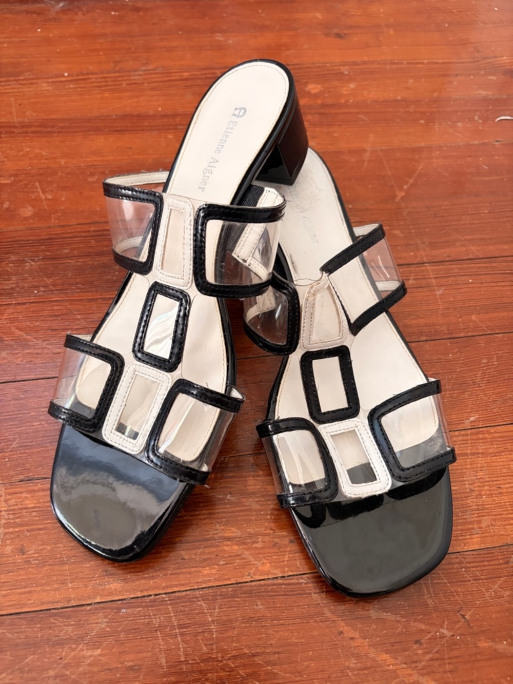 Etienne Aigner Black Patent & Clear Multi-Strap Mules